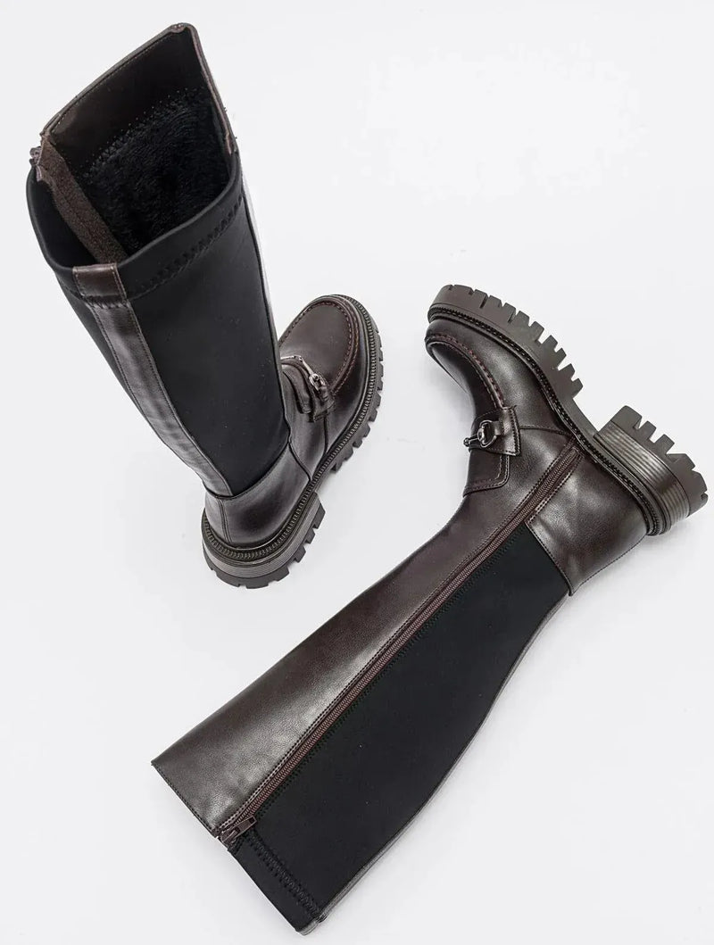 Prologue Shoes Chapel - Brown Leather Buckle Stretch Detail Boot (Women)