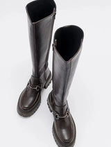 Immaculate Vegan - Prologue Shoes Chapel - Brown Leather Buckle Stretch Detail Boot (Women)