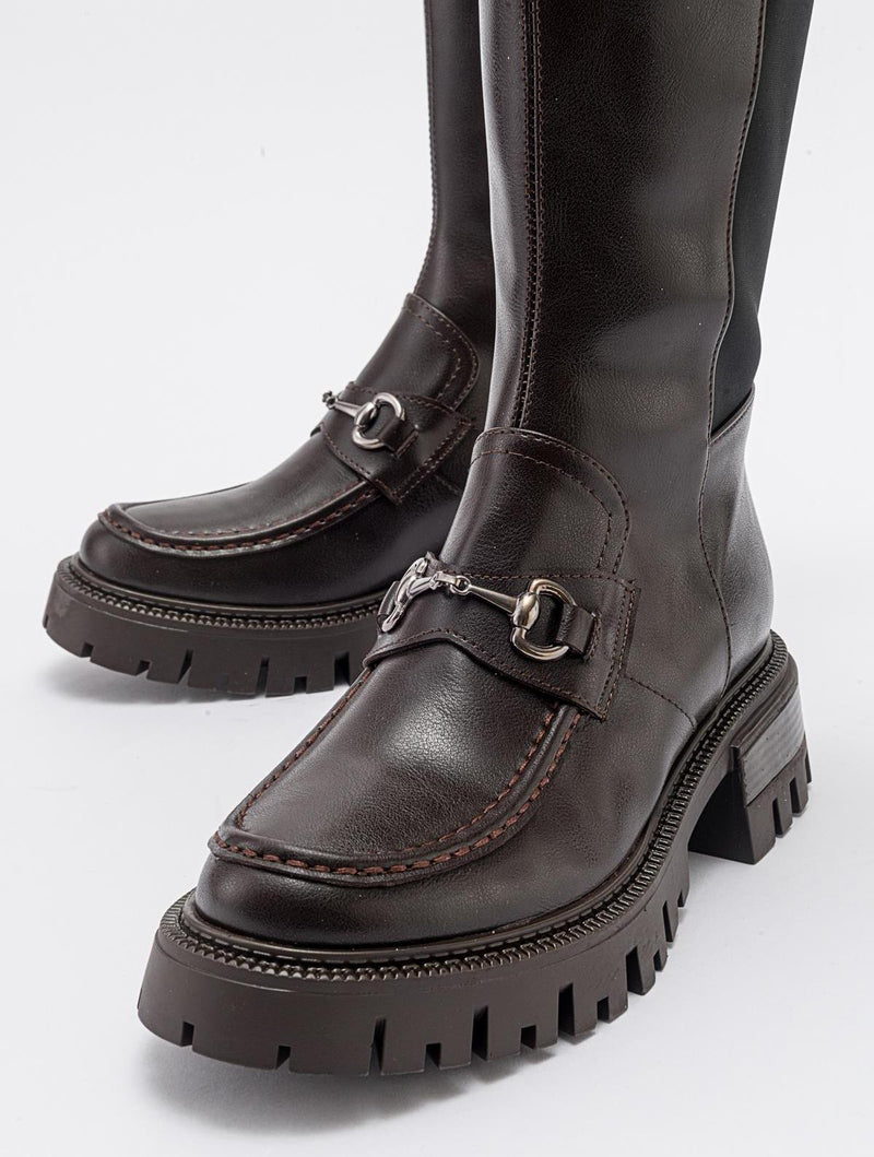 Prologue Shoes Chapel - Brown Leather Buckle Stretch Detail Boot (Women)