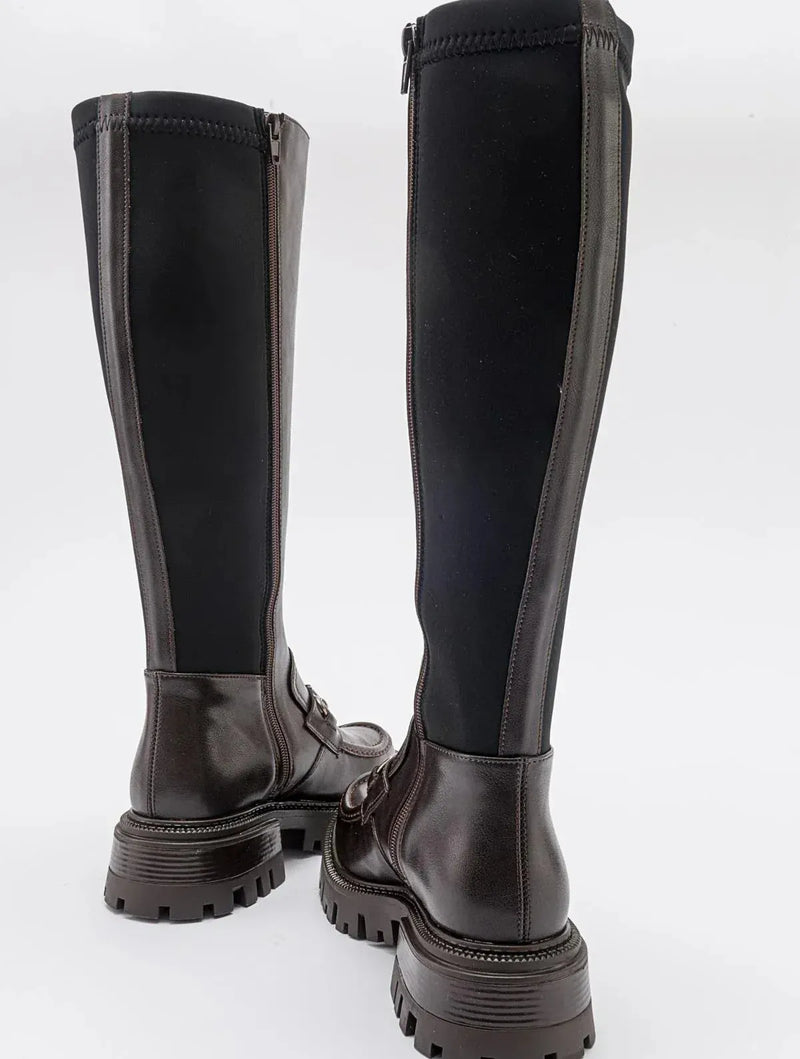 Prologue Shoes Chapel - Brown Leather Buckle Stretch Detail Boot (Women)