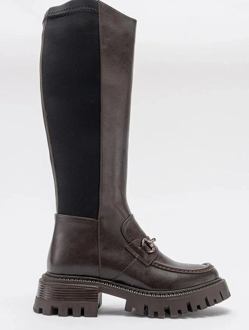 Prologue Shoes Chapel - Brown Leather Buckle Stretch Detail Boot (Women)