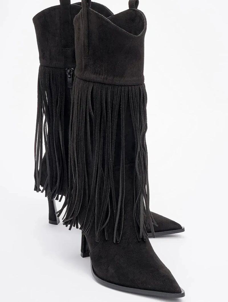 Prologue Shoes Gueras - Black Fringed Pointed Toe High Heel Boot (Women)