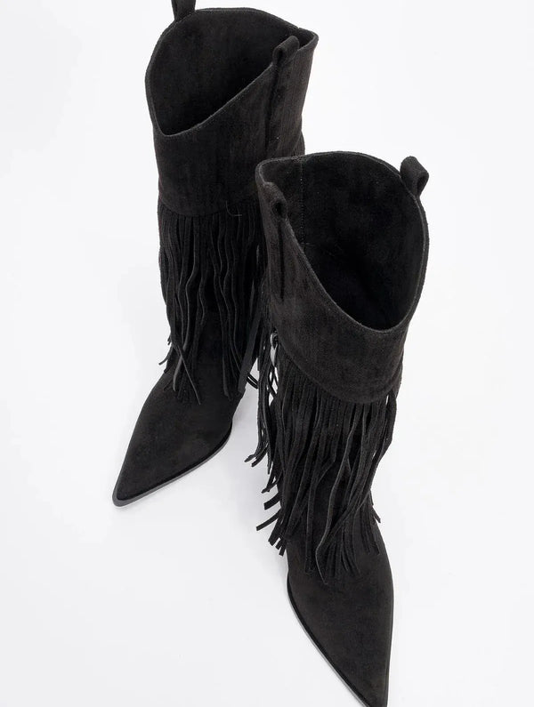 Prologue Shoes Gueras - Black Fringed Pointed Toe High Heel Boot (Women)