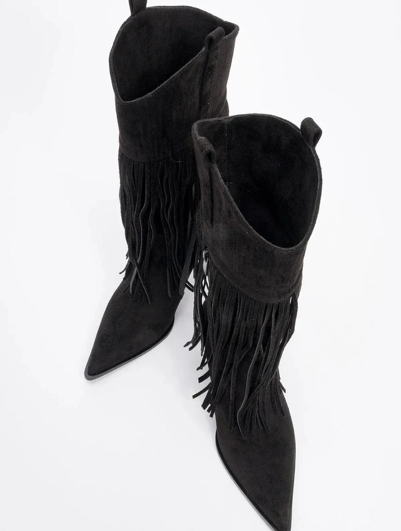 Prologue Shoes Gueras - Black Fringed Pointed Toe High Heel Boot (Women)