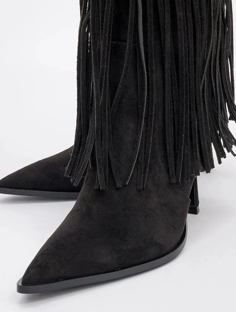 Prologue Shoes Gueras - Black Fringed Pointed Toe High Heel Boot (Women)