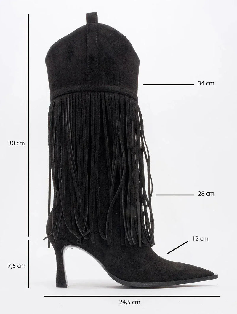 Prologue Shoes Gueras - Black Fringed Pointed Toe High Heel Boot (Women)