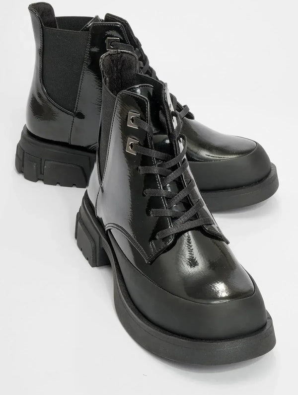 Prologue Shoes Challo - Black Lace-Up Elastic Ankle Boot (Women)