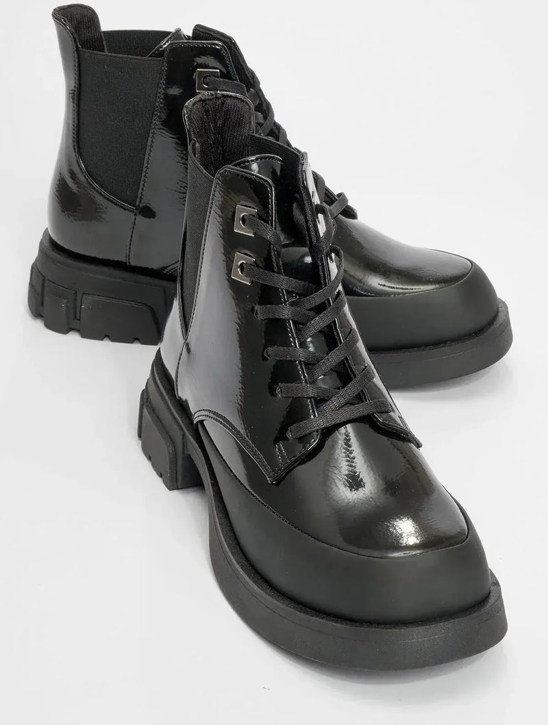 Prologue Shoes Challo - Black Lace-Up Elastic Ankle Boot (Women)