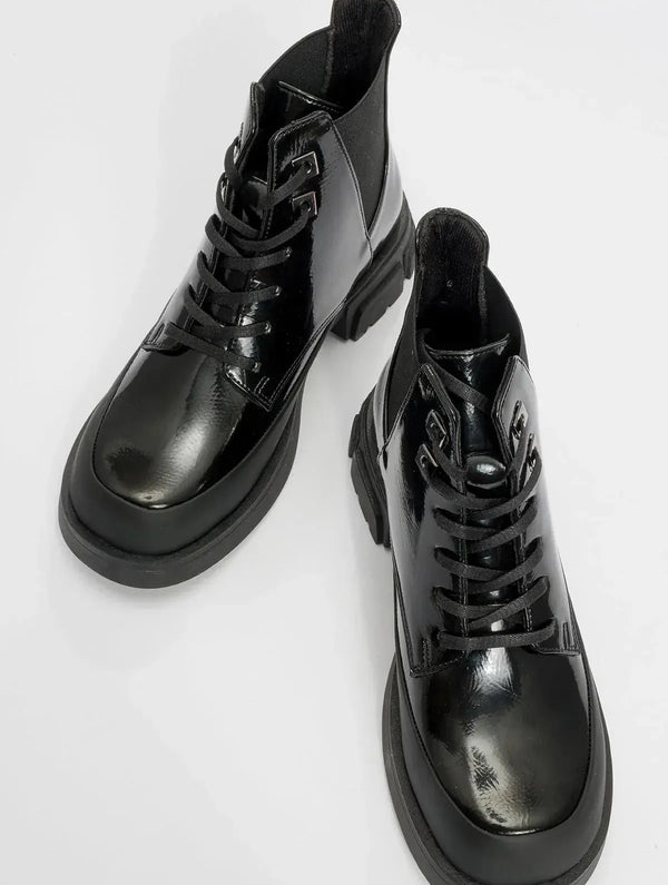 Prologue Shoes Challo - Black Lace-Up Elastic Ankle Boot (Women)