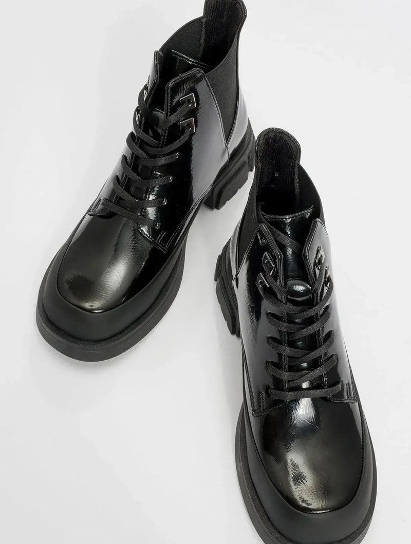 Prologue Shoes Challo - Black Lace-Up Elastic Ankle Boot (Women)