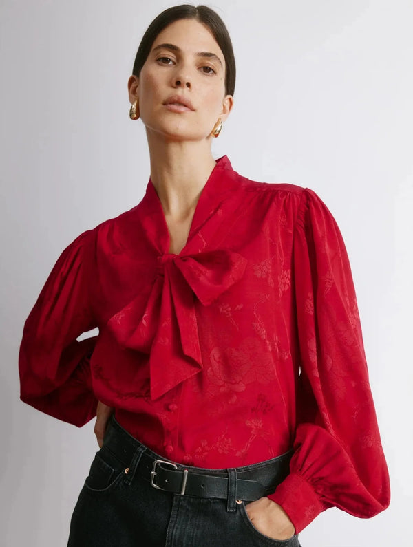 Albaray Red Jacquard Satin Tie Neck Blouse