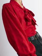 Immaculate Vegan - Albaray Red Jacquard Satin Tie Neck Blouse