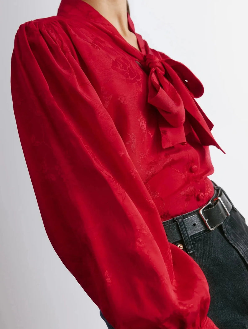 Albaray Red Jacquard Satin Tie Neck Blouse