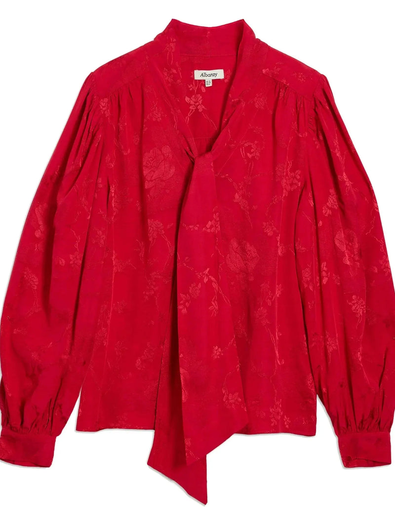 Albaray Red Jacquard Satin Tie Neck Blouse
