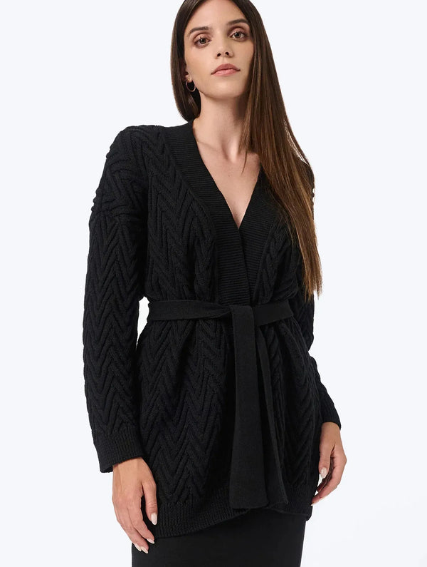 Mila.Vert Knitted long herringbone line cardigan Black / L-XL