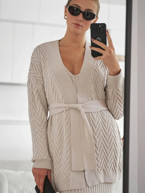 Mila.Vert Knitted long herringbone line cardigan Taupe / L-XL