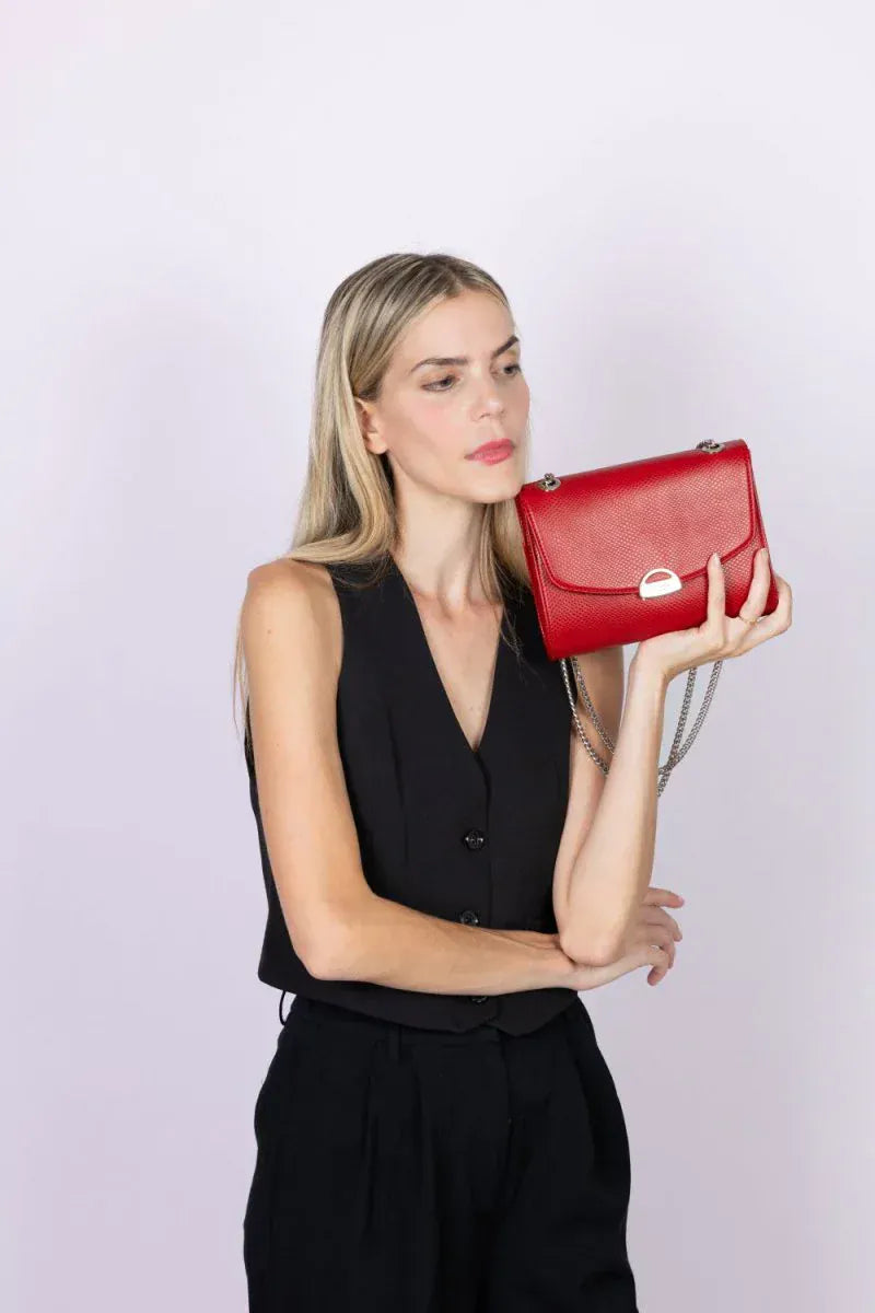 ASHOKA Paris Apple Leather Mini Paname Lizard Vegan Shoulder Bag | Red