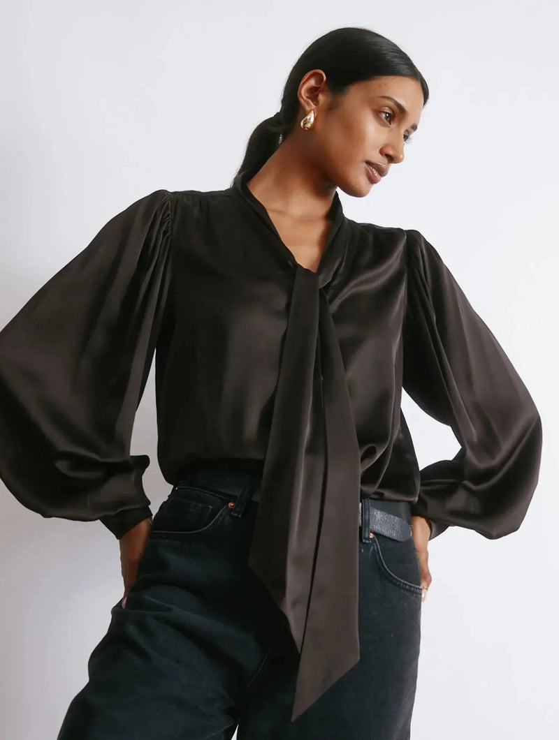 Albaray Chocolate Satin Tie Neck Blouse
