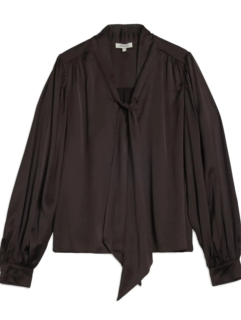 Albaray Chocolate Satin Tie Neck Blouse