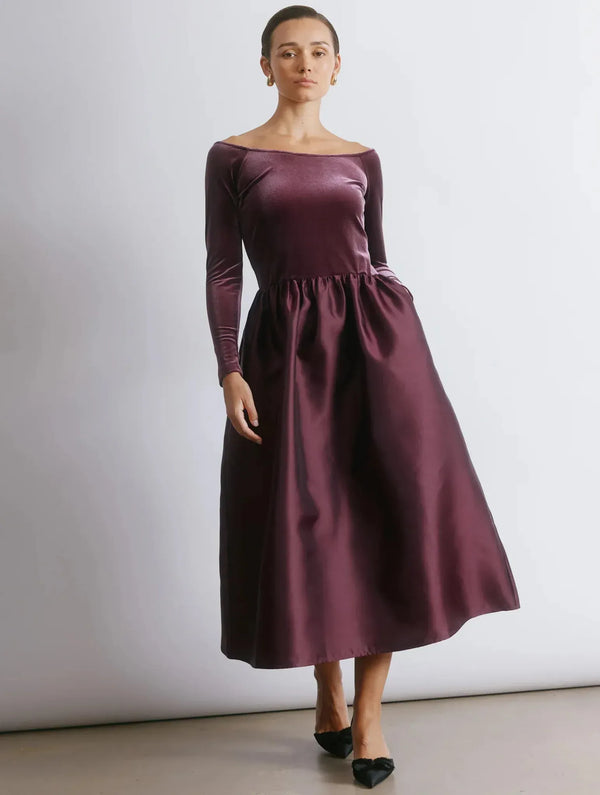Albaray Burgundy Velvet & Taffeta Bardot Dress