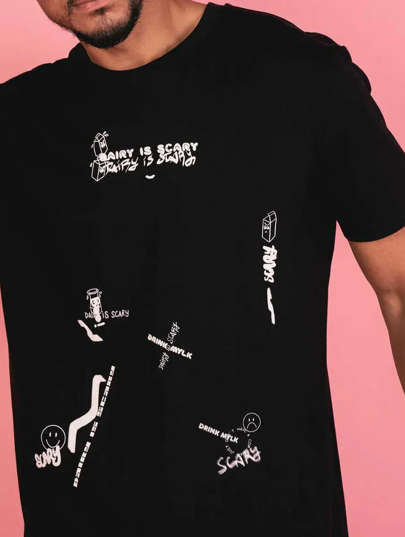 Plant Faced Clothing Dairy Is Scary Graffiti Collage Print - Black T-Shirt