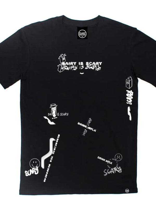 Plant Faced Clothing Dairy Is Scary Graffiti Collage Print - Black T-Shirt