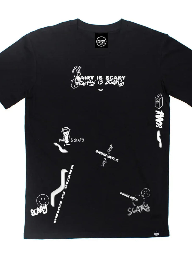 Plant Faced Clothing Dairy Is Scary Graffiti Collage Print - Black T-Shirt