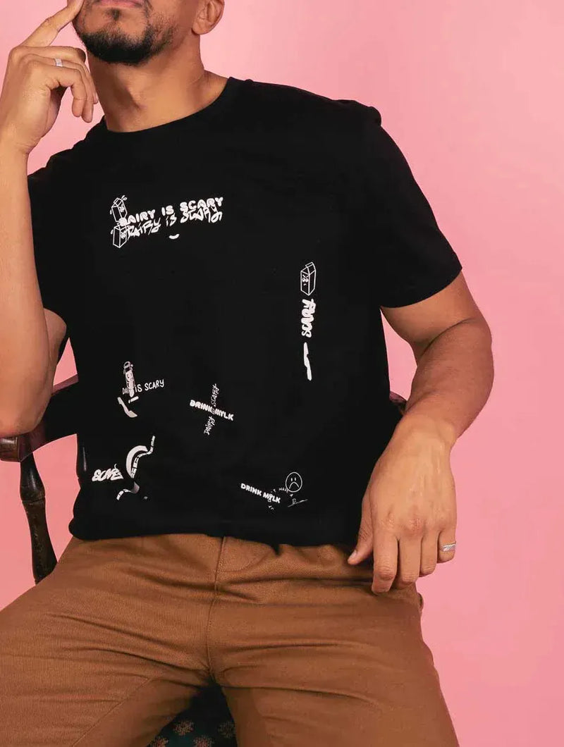 Plant Faced Clothing Dairy Is Scary Graffiti Collage Print - Black T-Shirt