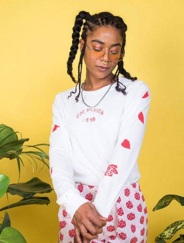Plant Faced Clothing Eat Plants Scattered Roses - Long Sleeve - White