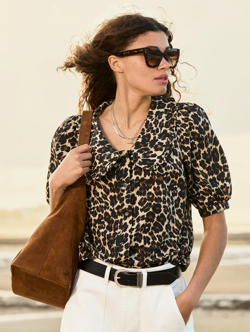 Courtney Organic Cotton Collar Blouse | Brown Leopard