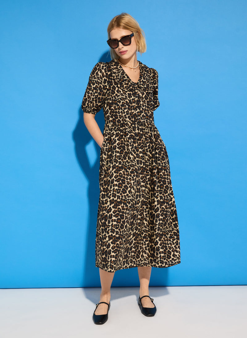 Imogen Organic Cotton Printed Midi Dress | Brown Leopard