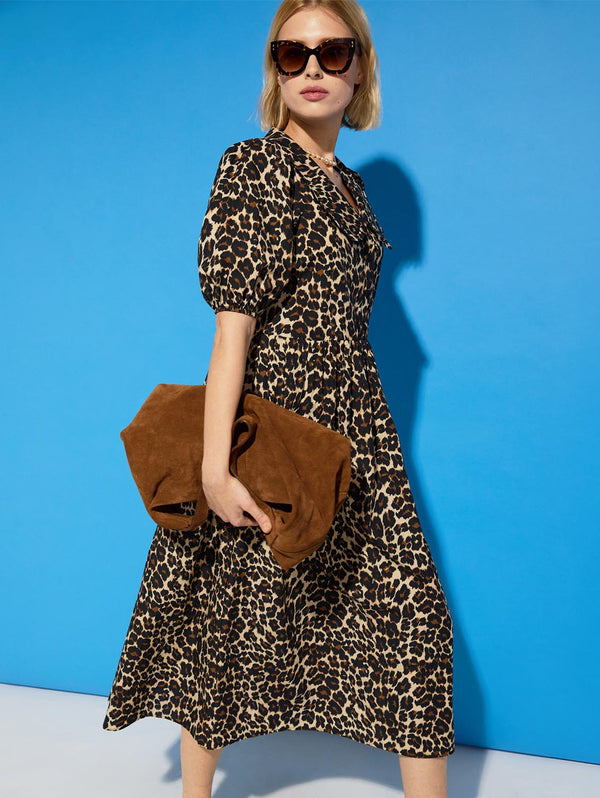 Imogen Organic Cotton Printed Midi Dress | Brown Leopard