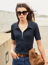 Immaculate Vegan - Ivy Organic Cotton Rib Zip Collar Top | Classic Navy