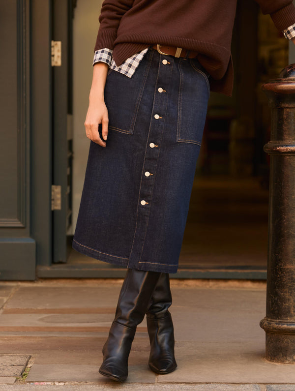 Bobbie Organic Cotton Stretch Denim Midi Skirt | Dark Indigo