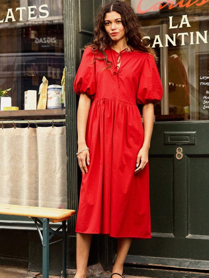 Rose Organic Cotton Tie Midi Dress | Crimson Red