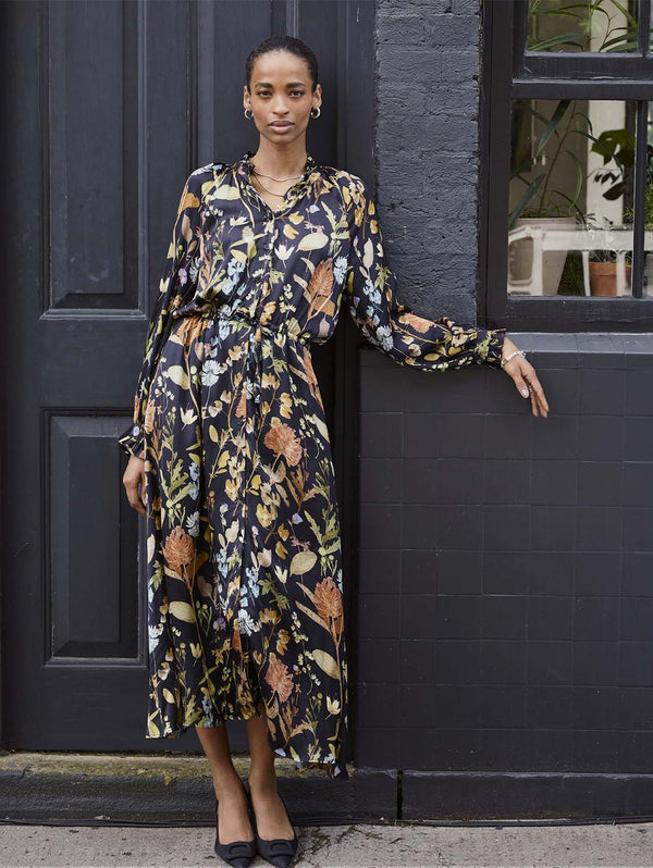 Luna LENZING™ ECOVERO™ Printed Long Shirt Dress | Black Botanical