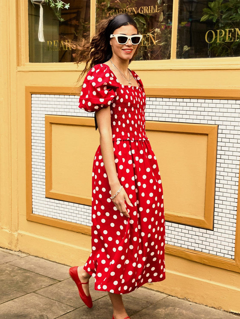 Alicia Organic Cotton Smock Midi Dress | Crimson Polka