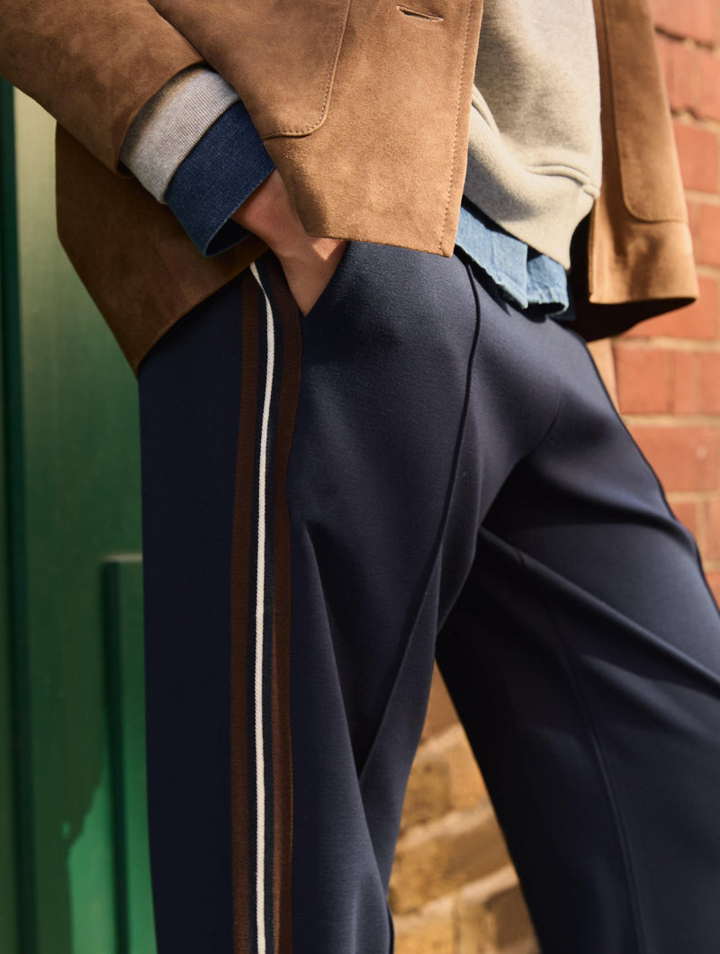 Marjorie Side Stripe Ponte Trousers | Navy & Dark Chocolate