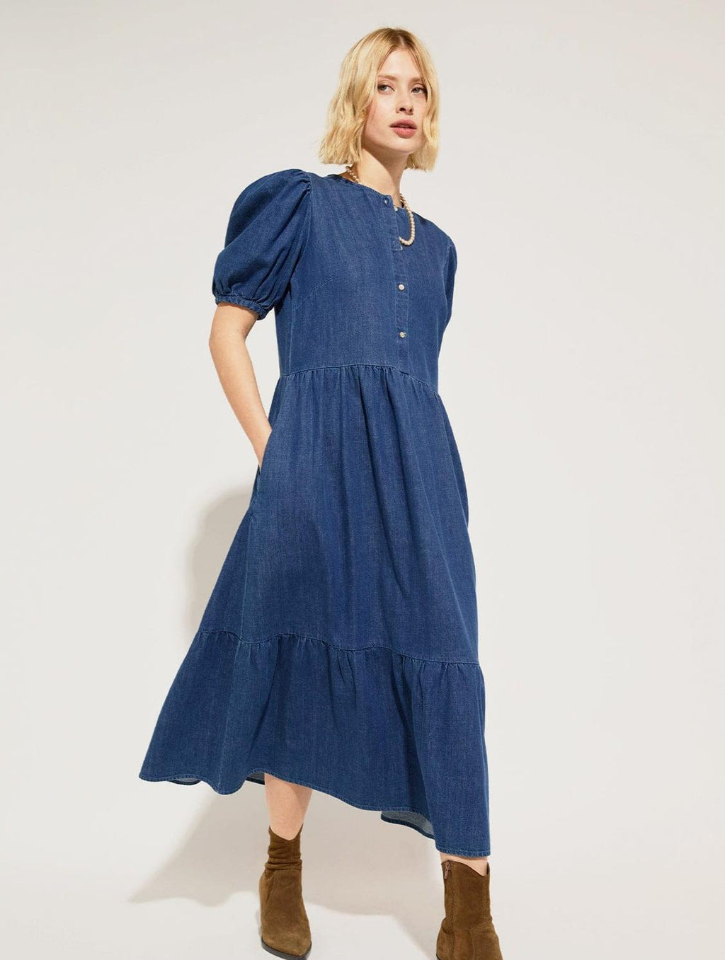 Clementina Organic Cotton Denim Midi Dress | Mid Indigo Immaculate Vegan Clementina Organic Cotton Denim Midi Dress | Mid Indigo Immaculate Vegan