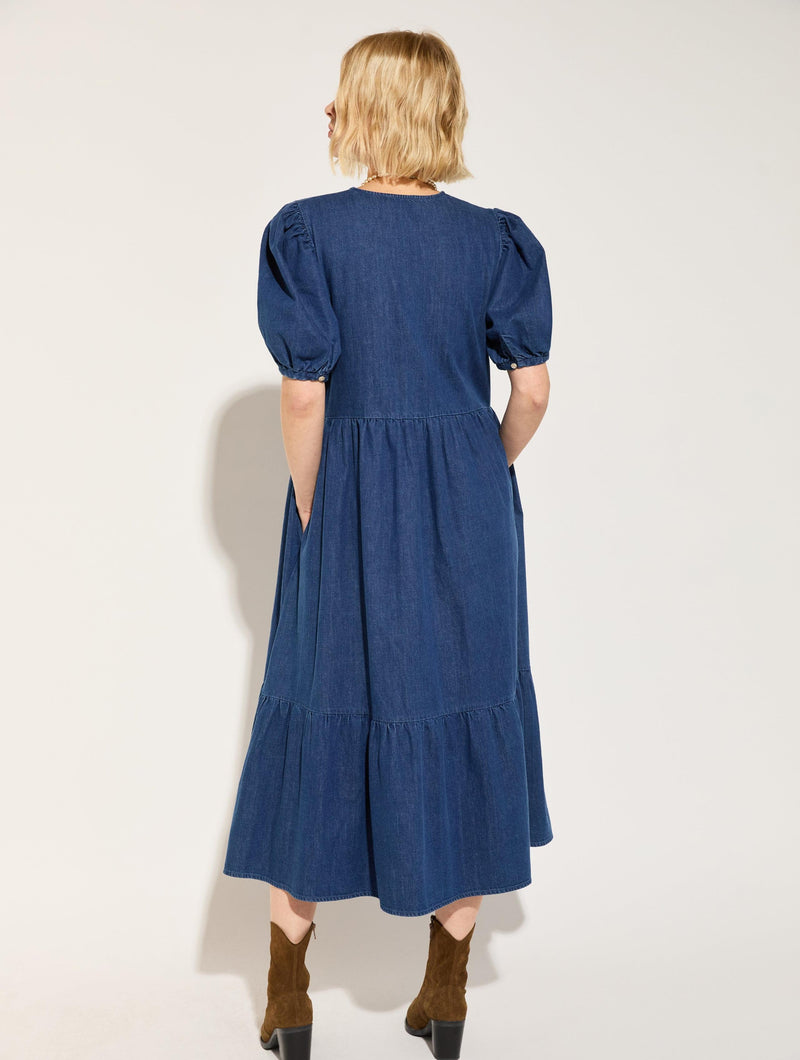 Clementina Organic Cotton Denim Midi Dress | Mid Indigo Immaculate Vegan Clementina Organic Cotton Denim Midi Dress | Mid Indigo Immaculate Vegan