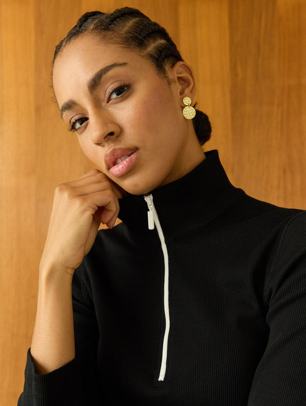 Clayton Organic Cotton Zip Turtleneck Top | Caviar Black