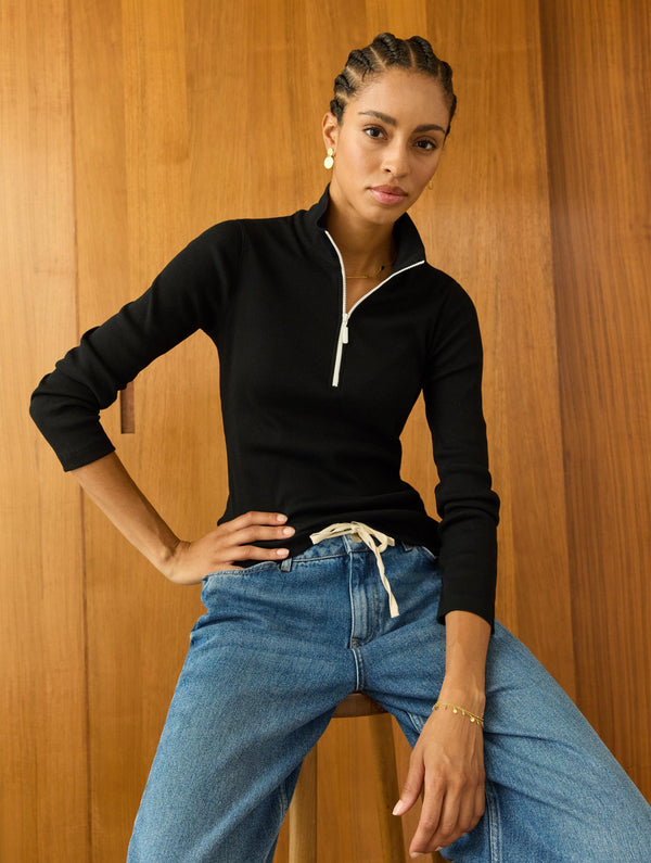 Clayton Organic Cotton Zip Turtleneck Top | Caviar Black