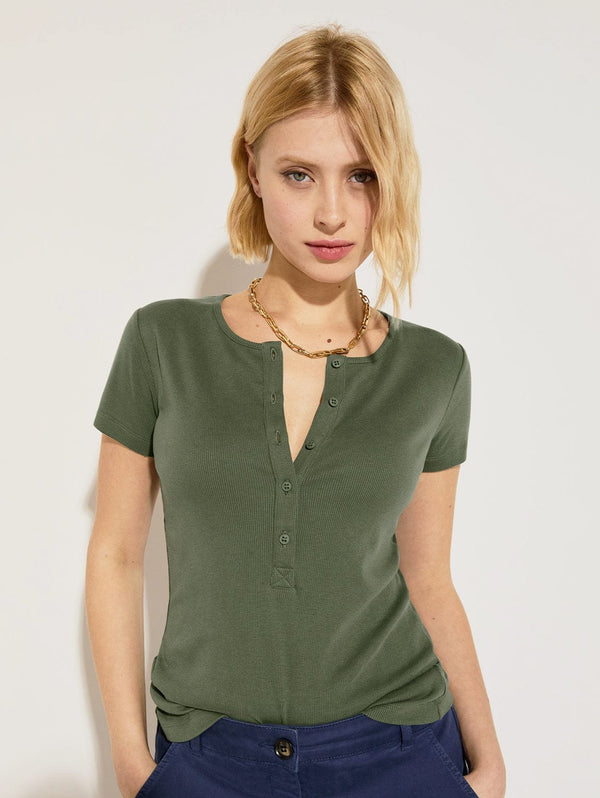 Kikki TENCEL™ Lyocell Cap Sleeve Henley Top | Light Khaki