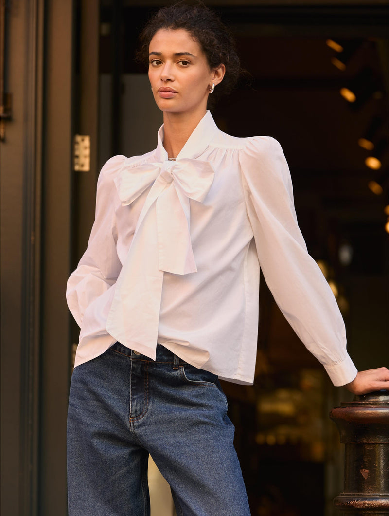 Araya Organic Cotton Bow Neck Blouse | Pure White