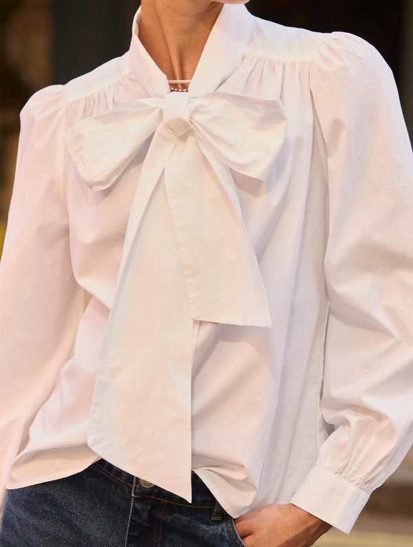 Araya Organic Cotton Bow Neck Blouse | Pure White