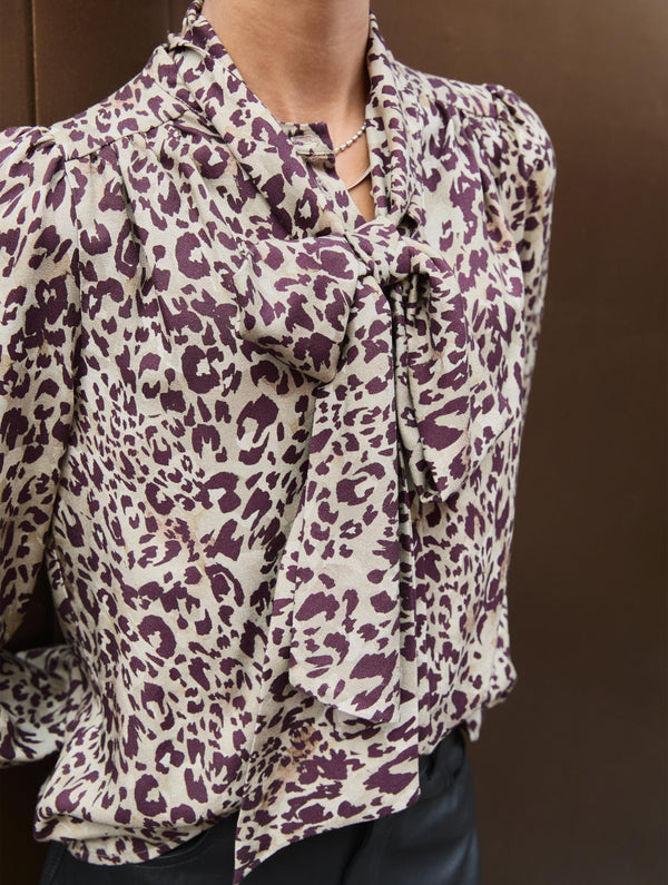 Ischia Printed Bow Neck Blouse | Plum Leopard
