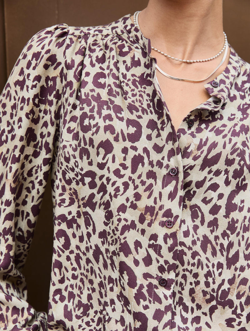 Ischia Printed Bow Neck Blouse | Plum Leopard