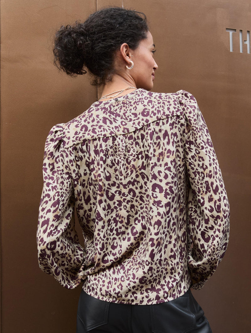 Ischia Printed Bow Neck Blouse | Plum Leopard