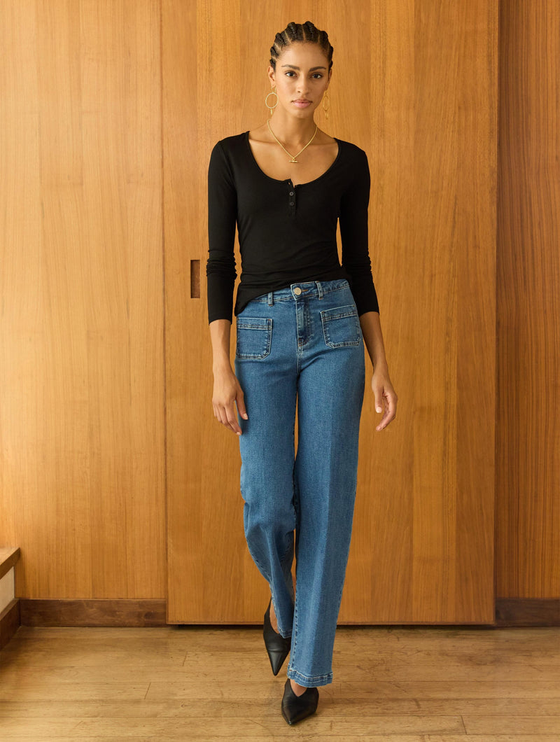 Isla Scoop Neck Henley Top | Caviar Black