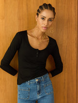 Immaculate Vegan - Isla Scoop Neck Henley Top | Caviar Black